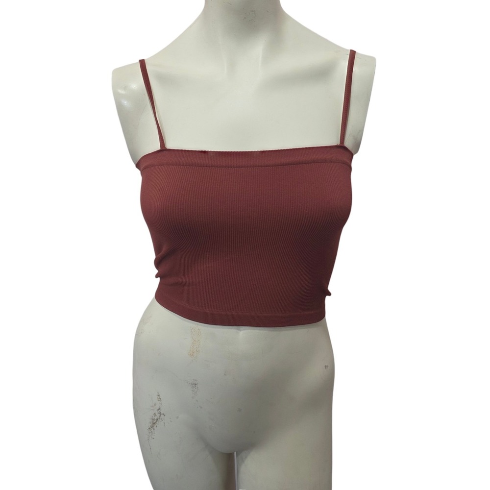 Bozzolo Ribbed Crop Cami Tank Top Brown Spaghetti Strap Stretch S/M Basic Y2K